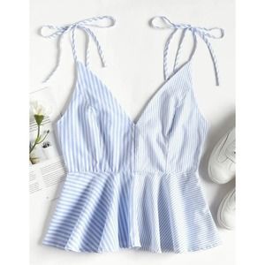 ZAFUL Contrast Striped Panel Peplum Cami Top Sea Blue medium